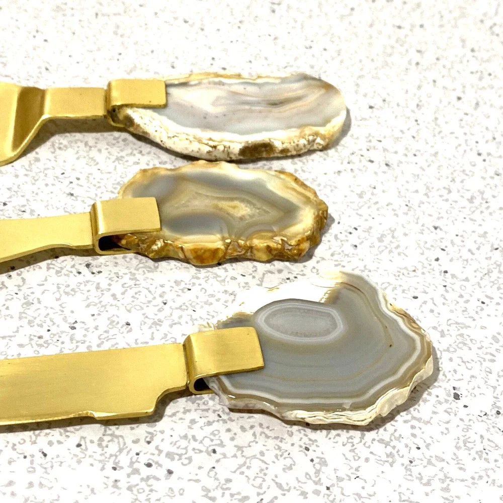 Lustrous Goldtone Metal & Raw Edge Agate Handles 3-pc Spreader Server Set Cheese